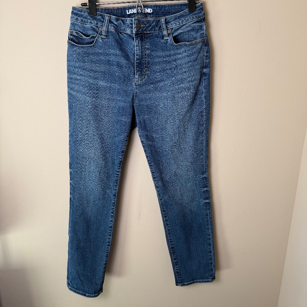 Lands End Womens Jeans 10P Petite Medium Wash Blue Denim Pants Stretch Preppy